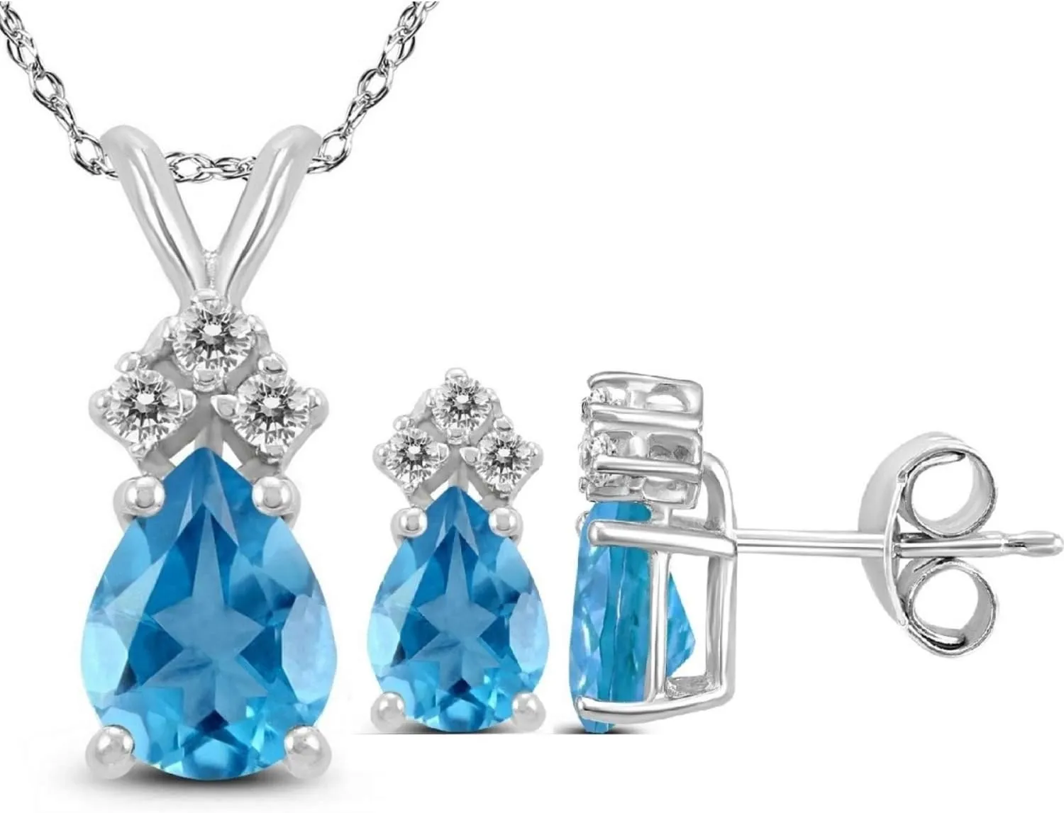 Genuine 2.18 Ctw Natural 7x5mm Pear Shape gemstone With White Topaz Necklace & Earrings Set In 925 Sterling Silver. (blue-topaz)