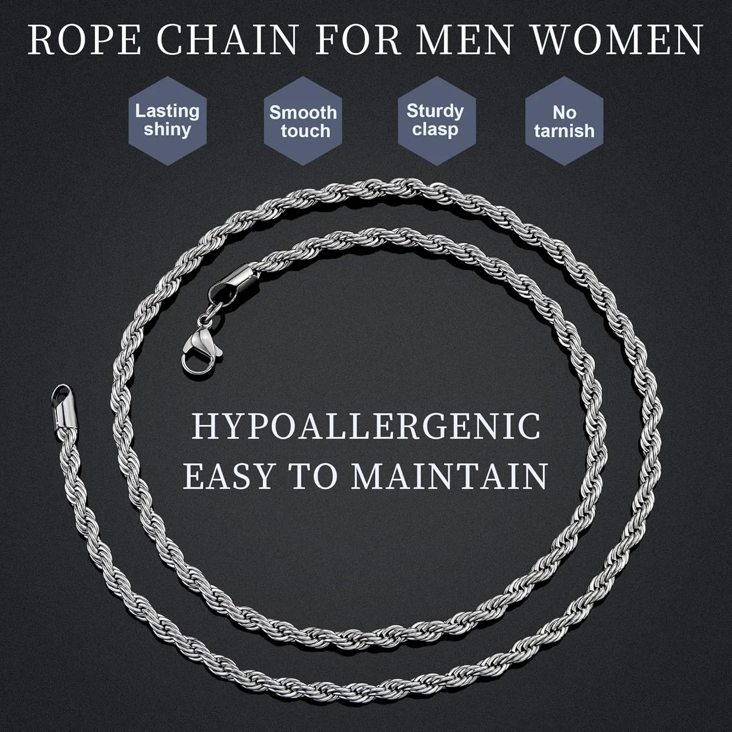 Giftall Rope Chain Necklace Stainless Steel Twist Chain Jewelry Necklace for Men Women