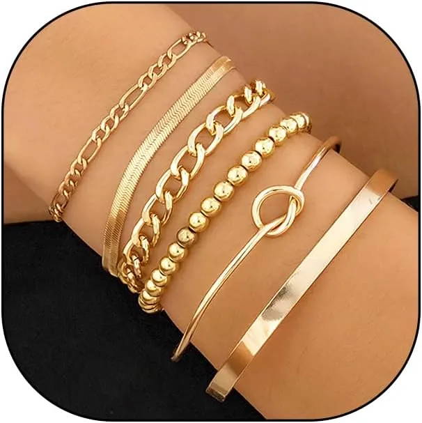 GIGB PBDK Bohemian Gold Statement Bracelets Set for Women,Fashion Stackable Cuban Link Chain Bangles Wide Band Beads Herringbone Bracelets Accessories