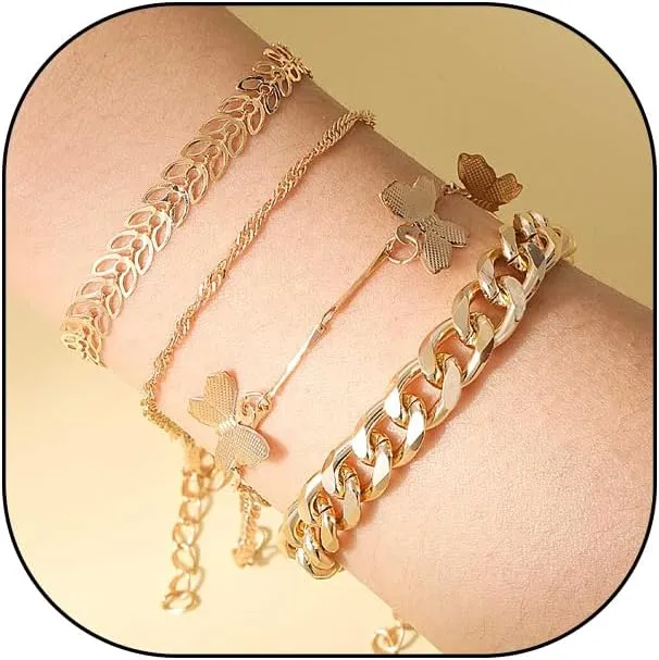 GIGB PBDK Gold Stackable Butterfly Bracelet Set for Women Cuban Link Paperclip Chain Bangles Minimalist Adjustable Bracelet Trendy Party Prom Jewelry Accessory