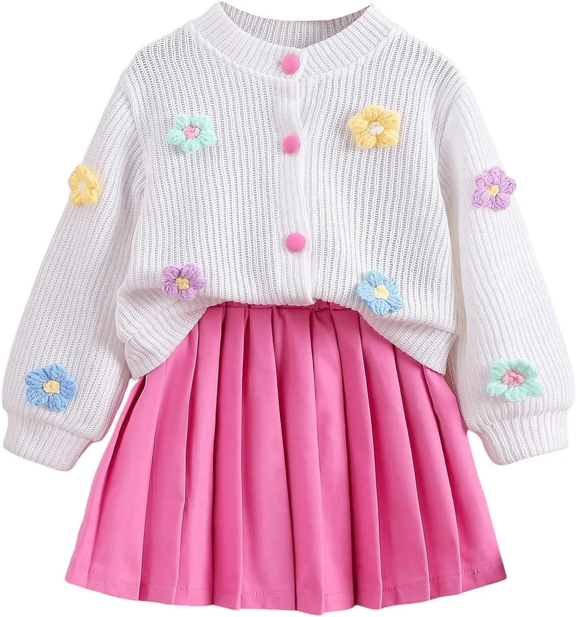 Girl's 2 Piece Outfits 3D Floral Button Up Cardigan Sweater and Pleated Skirts Set