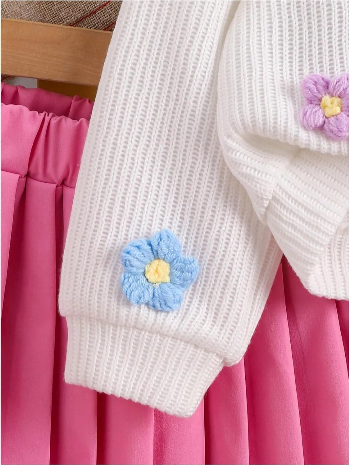 Girl's 2 Piece Outfits 3D Floral Button Up Cardigan Sweater and Pleated Skirts Set