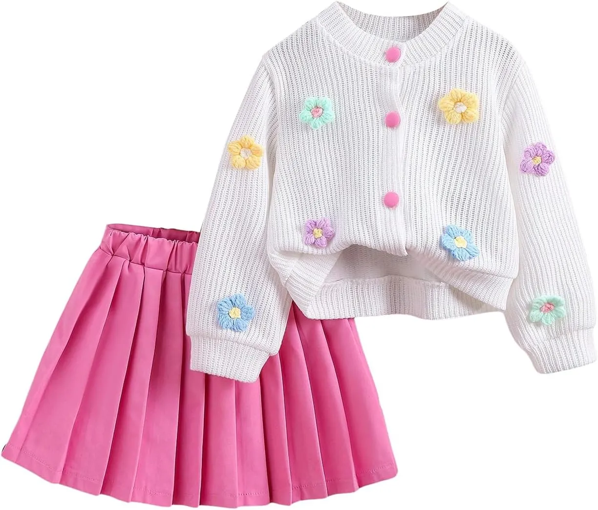 Girl's 2 Piece Outfits 3D Floral Button Up Cardigan Sweater and Pleated Skirts Set