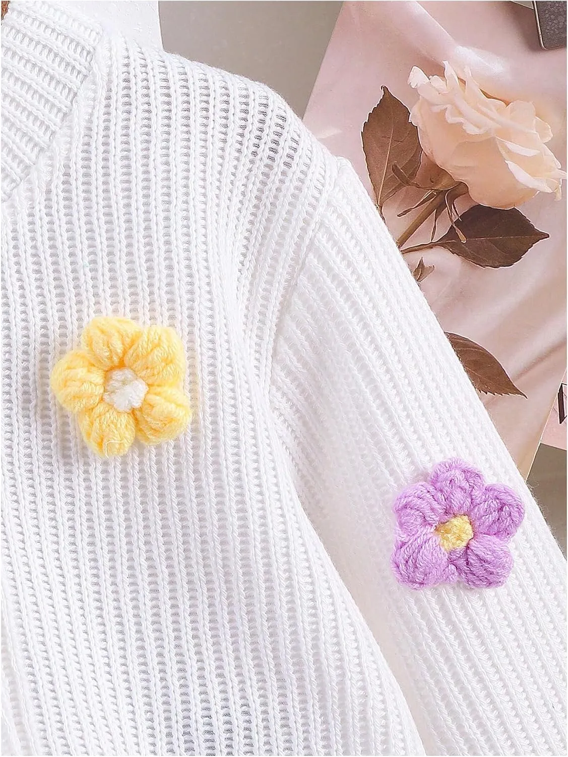 Girl's 2 Piece Outfits 3D Floral Button Up Cardigan Sweater and Pleated Skirts Set