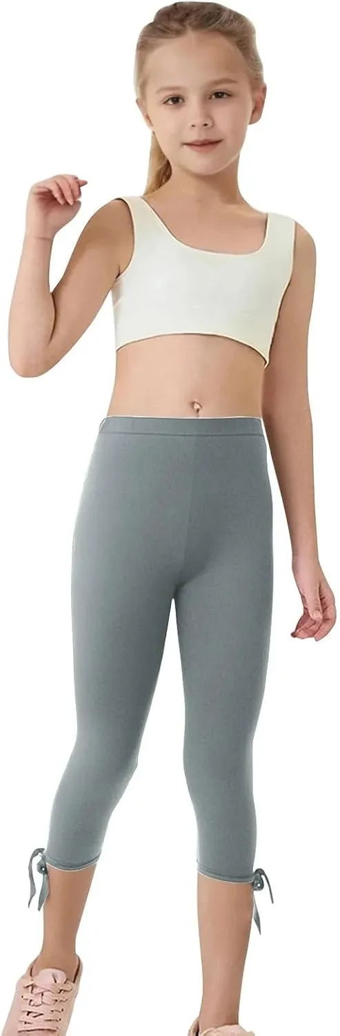 Girls Cropped Leggings Lace Bottoms Trim Yoga Capris Leggings Stretchy High Waist Skinny Tights Pants for Teen Kids