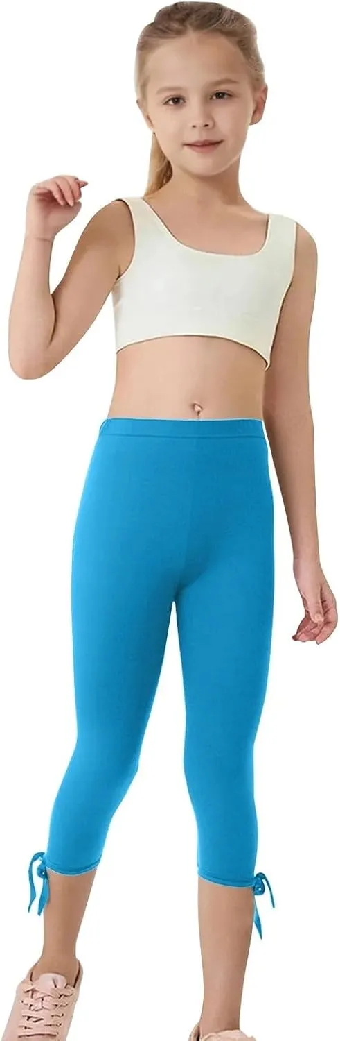 Girls Cropped Leggings Lace Bottoms Trim Yoga Capris Leggings Stretchy High Waist Skinny Tights Pants for Teen Kids