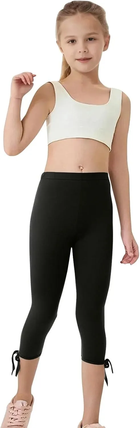 Girls Cropped Leggings Lace Bottoms Trim Yoga Capris Leggings Stretchy High Waist Skinny Tights Pants for Teen Kids