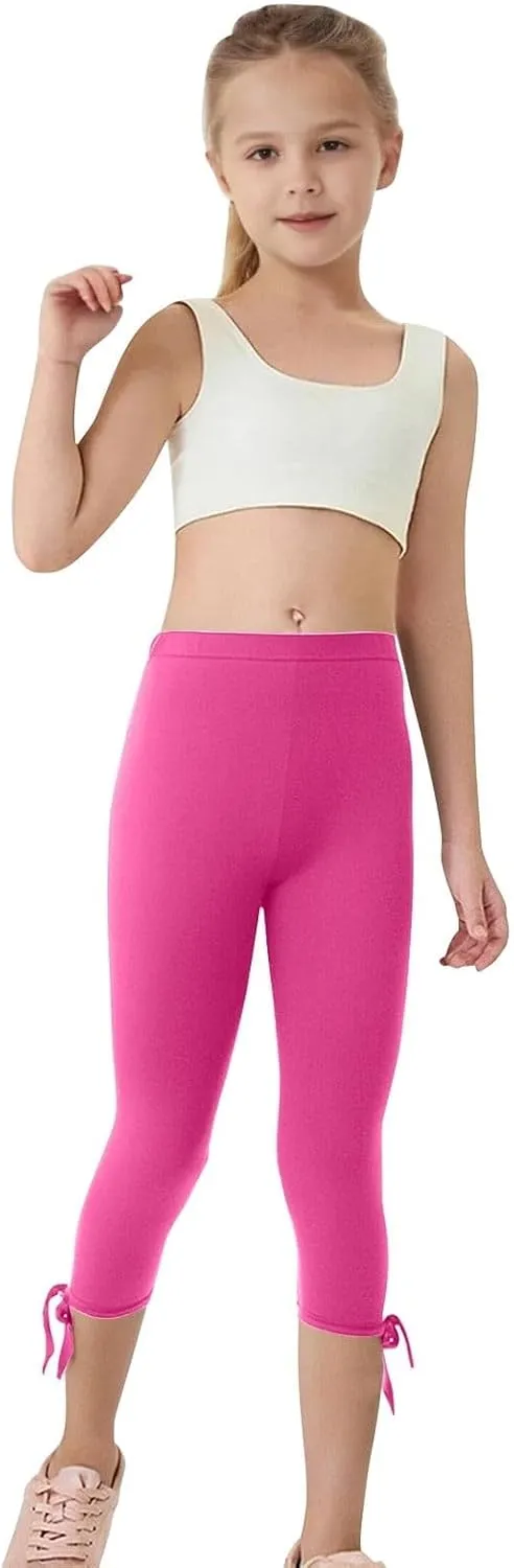 Girls Cropped Leggings Lace Bottoms Trim Yoga Capris Leggings Stretchy High Waist Skinny Tights Pants for Teen Kids