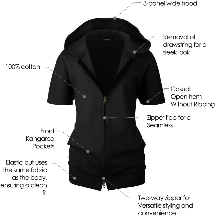 GIVON Womens Slim Fit Zip Up Hoodie Short Sleeve Thin Jacket Full Zip Sweatshirt with Plus Size