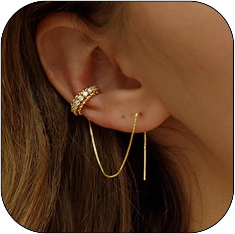 Gold Huggie Earrings for Women 14k Dainty Gold Earrings Threader Tassel Chain Earrings Cubic Zirconia Sparkling Ear Cuffs Jewelry Gifts