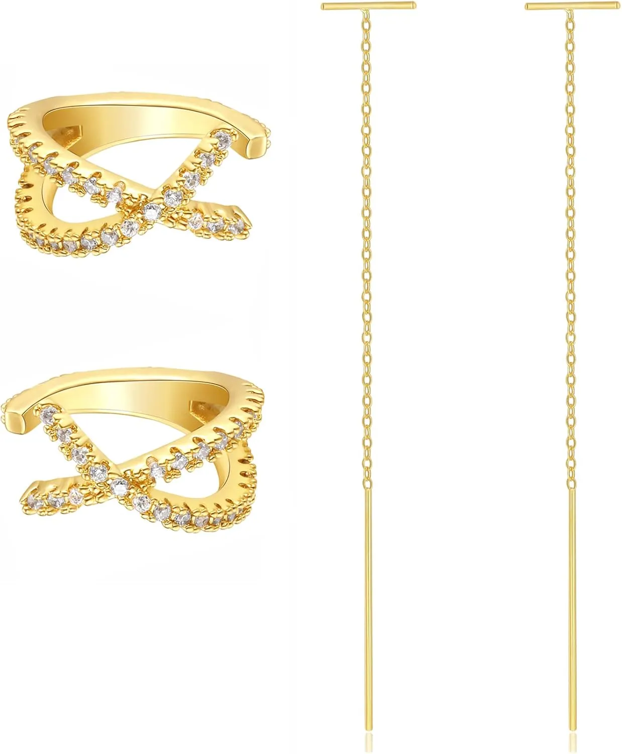 Gold Plated Cz Criss Cross Ear Cuffs Earrings - Bar Chain Dangle Chain Threader Pull Through Earrings - Gold Plated