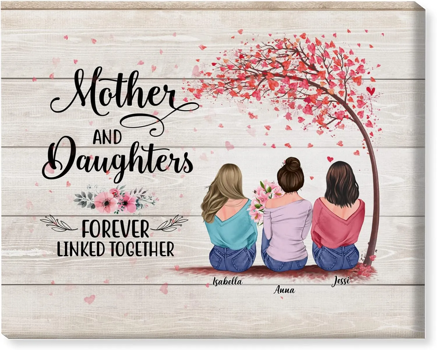 GOSSBY Personalized Custom Canvas (Mother and 2 Daughters) Mother And Daughters Forever Linked Together Personalized To My Mom Poster Custom Name Mother & Daughter Forever Linked Together Woman Day Gi
