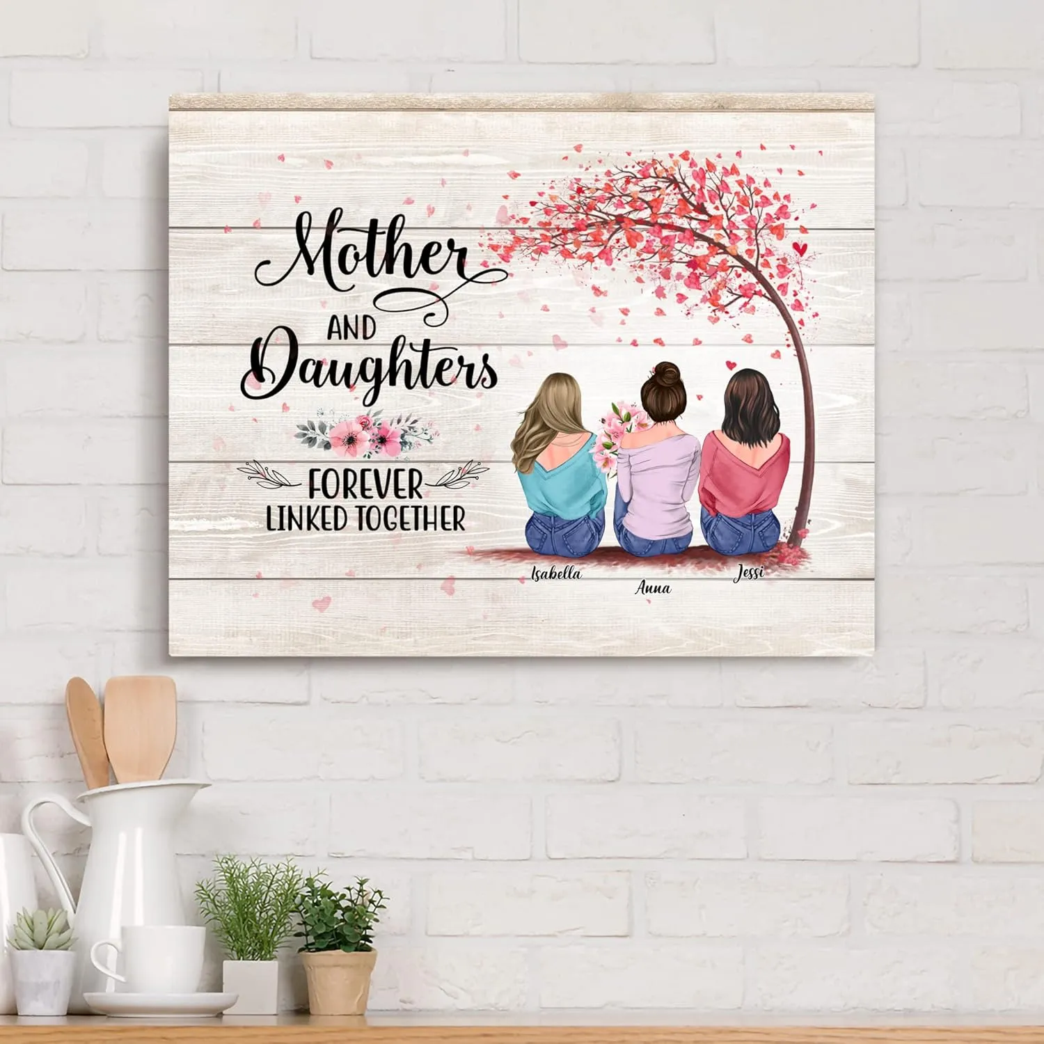 GOSSBY Personalized Custom Canvas (Mother and 2 Daughters) Mother And Daughters Forever Linked Together Personalized To My Mom Poster Custom Name Mother & Daughter Forever Linked Together Woman Day Gi