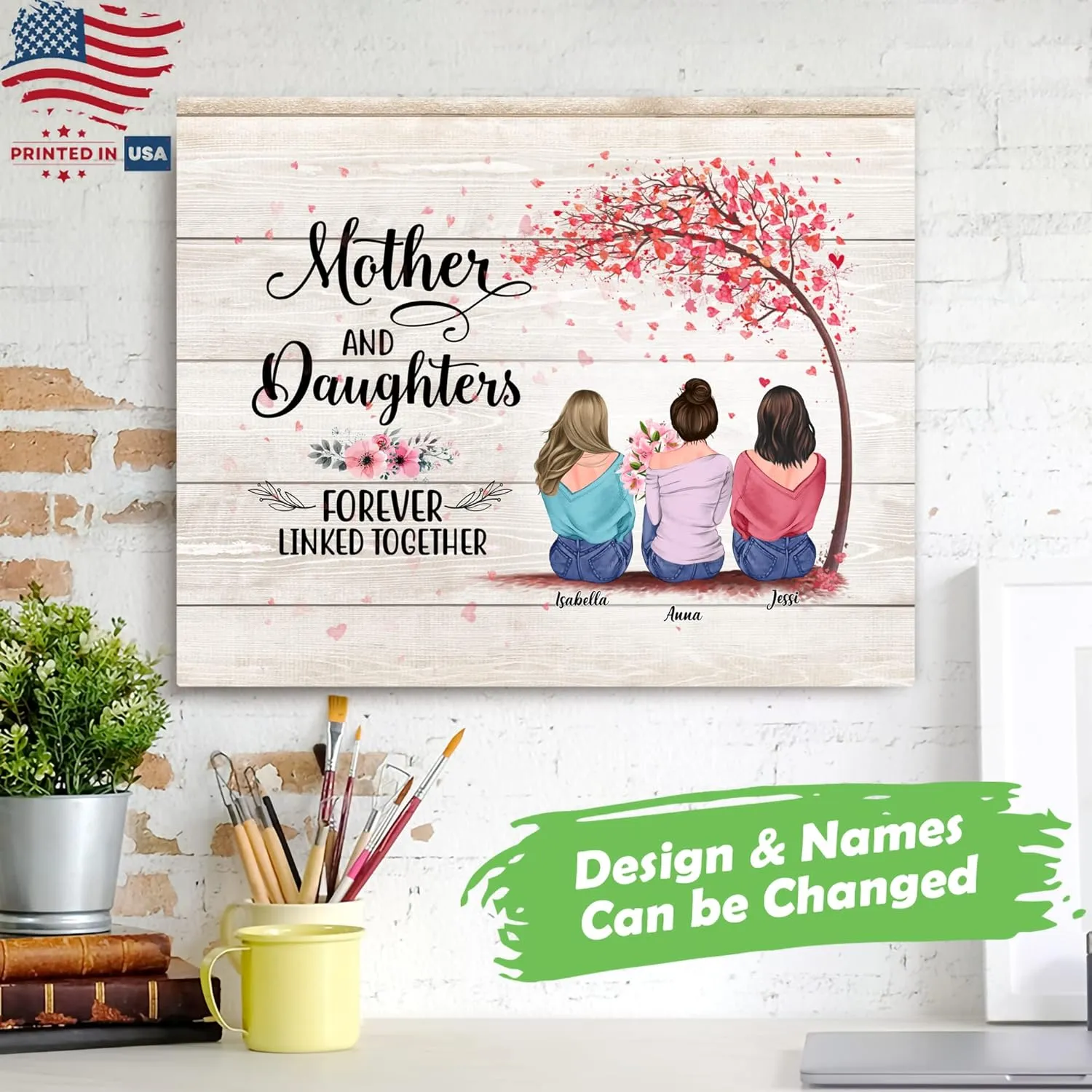 GOSSBY Personalized Custom Canvas (Mother and 2 Daughters) Mother And Daughters Forever Linked Together Personalized To My Mom Poster Custom Name Mother & Daughter Forever Linked Together Woman Day Gi