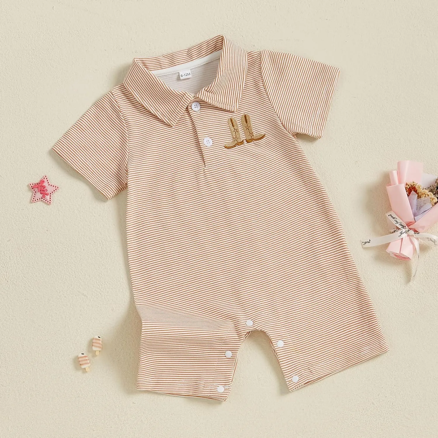 Gueuusu Country Baby Boy Outfit Newborn Western Romper Cowboy Boots Embroidery Striped Collared Bodysuit Infant Clothes