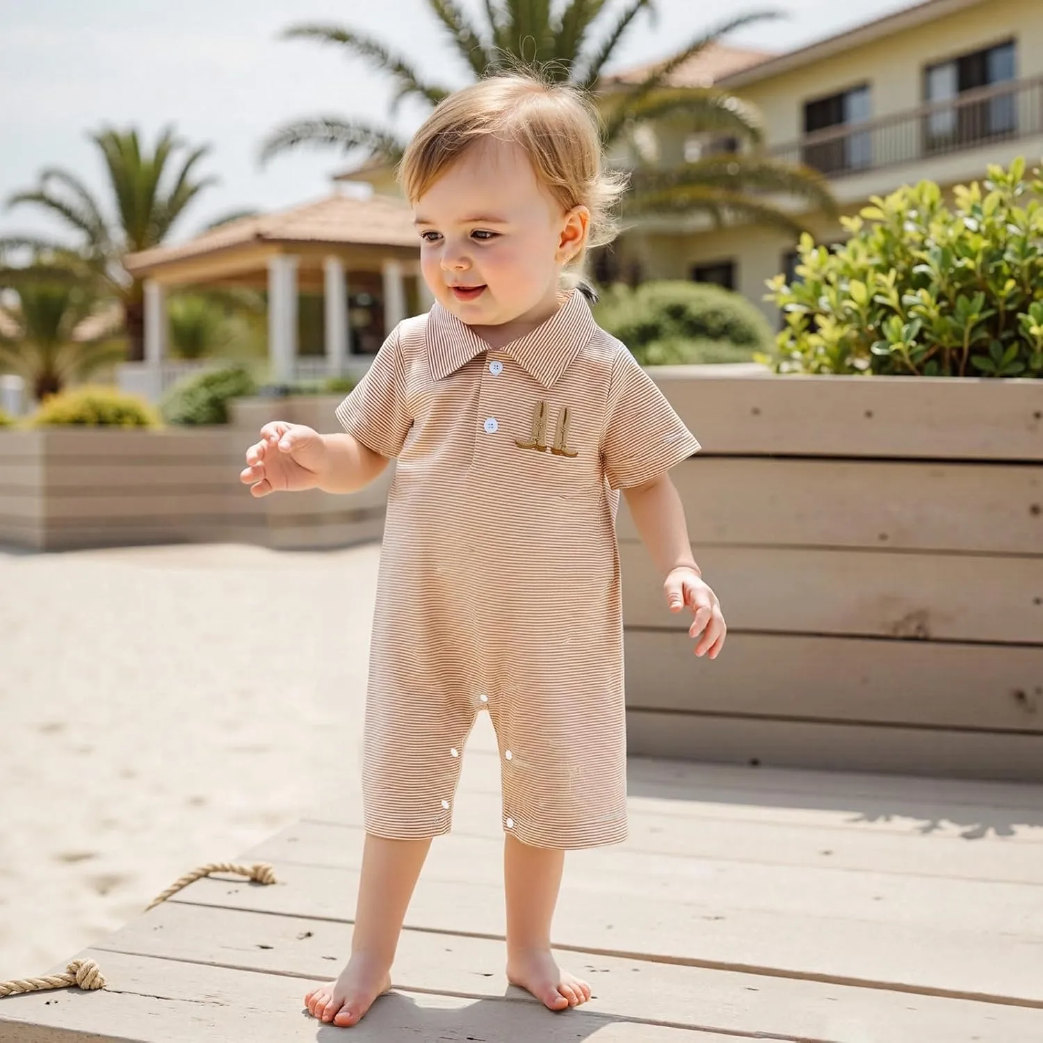 Gueuusu Country Baby Boy Outfit Newborn Western Romper Cowboy Boots Embroidery Striped Collared Bodysuit Infant Clothes
