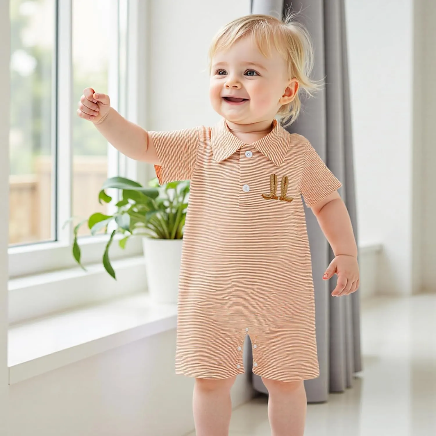 Gueuusu Country Baby Boy Outfit Newborn Western Romper Cowboy Boots Embroidery Striped Collared Bodysuit Infant Clothes