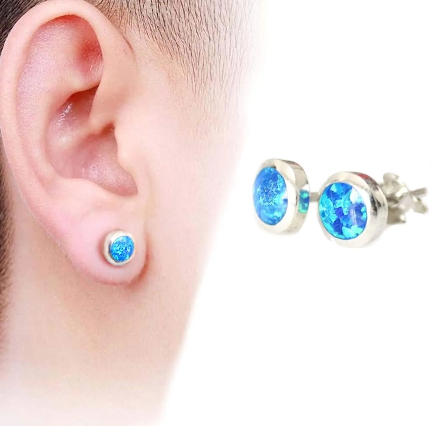 Guys Stud Earrings Blue Opal Studs for Men Sterling Silver Mens Earrings Hypoallergenic Stud earrings for men Blue post Earrings Unisex post studs