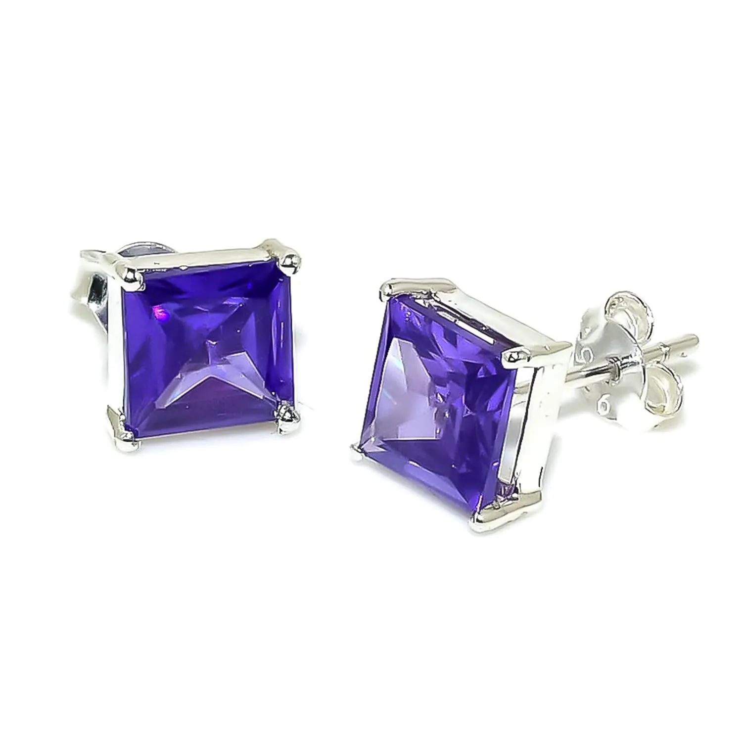 Handmade 925 Solid Silver Stud Earrings For woman & Men | Amethyst Gemstone Minimalist Earrings for Party | 7x7 mm Square Stone Ear Cuff
