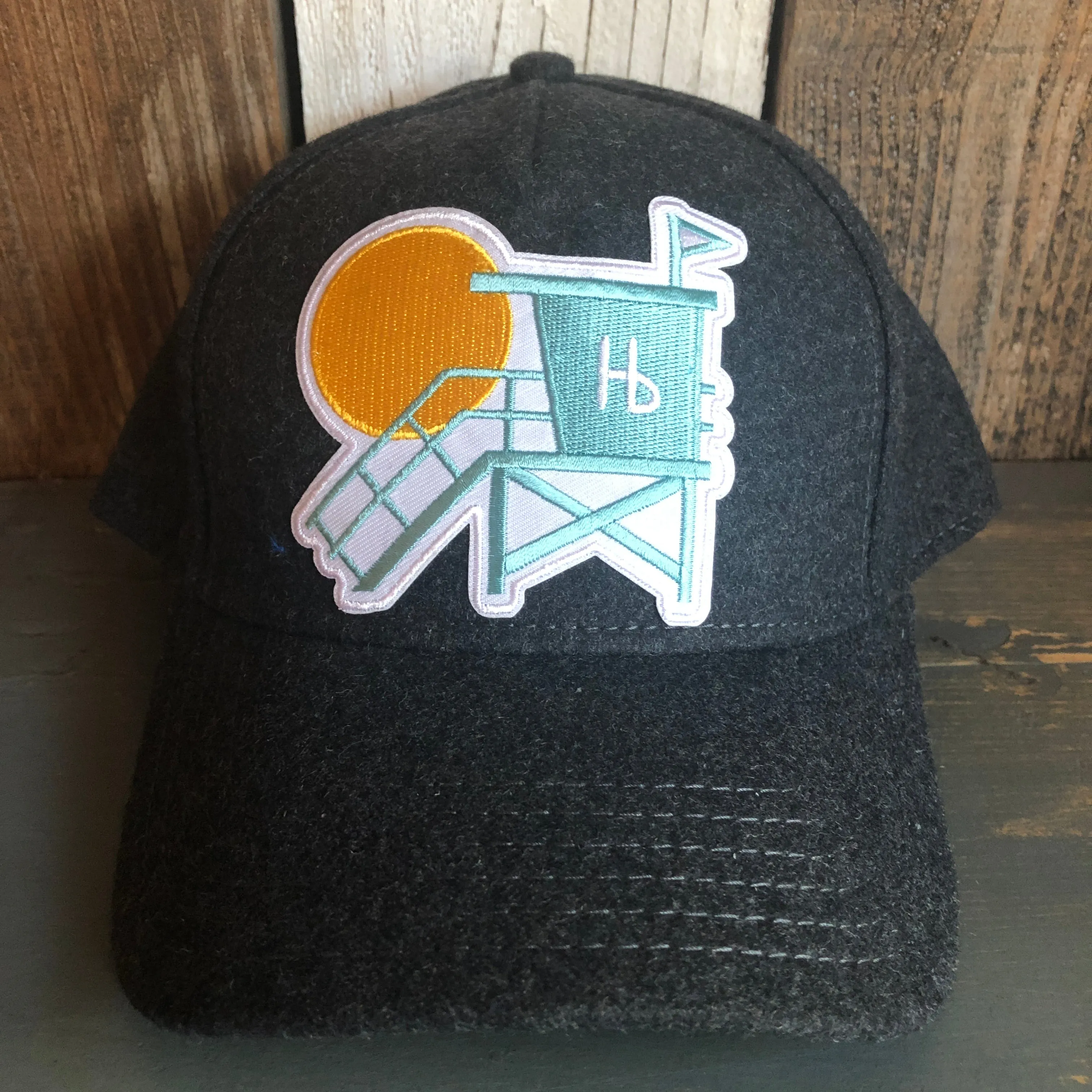 Hermosa Beach LIFEGUARD TOWER 5 Panel Low Profile Melton Wool Blend Baseball Cap with Velcro Closure - Heather Black