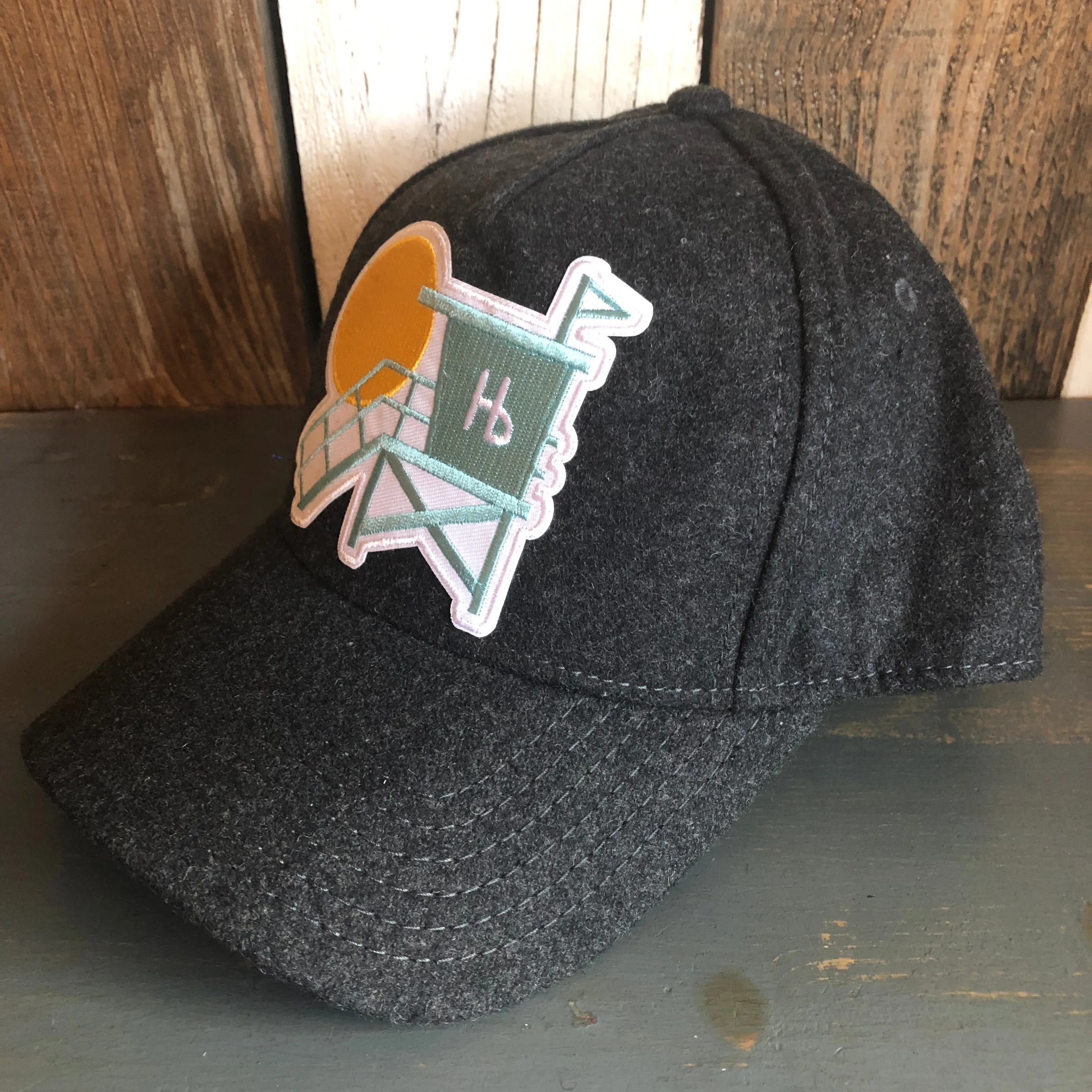 Hermosa Beach LIFEGUARD TOWER 5 Panel Low Profile Melton Wool Blend Baseball Cap with Velcro Closure - Heather Black