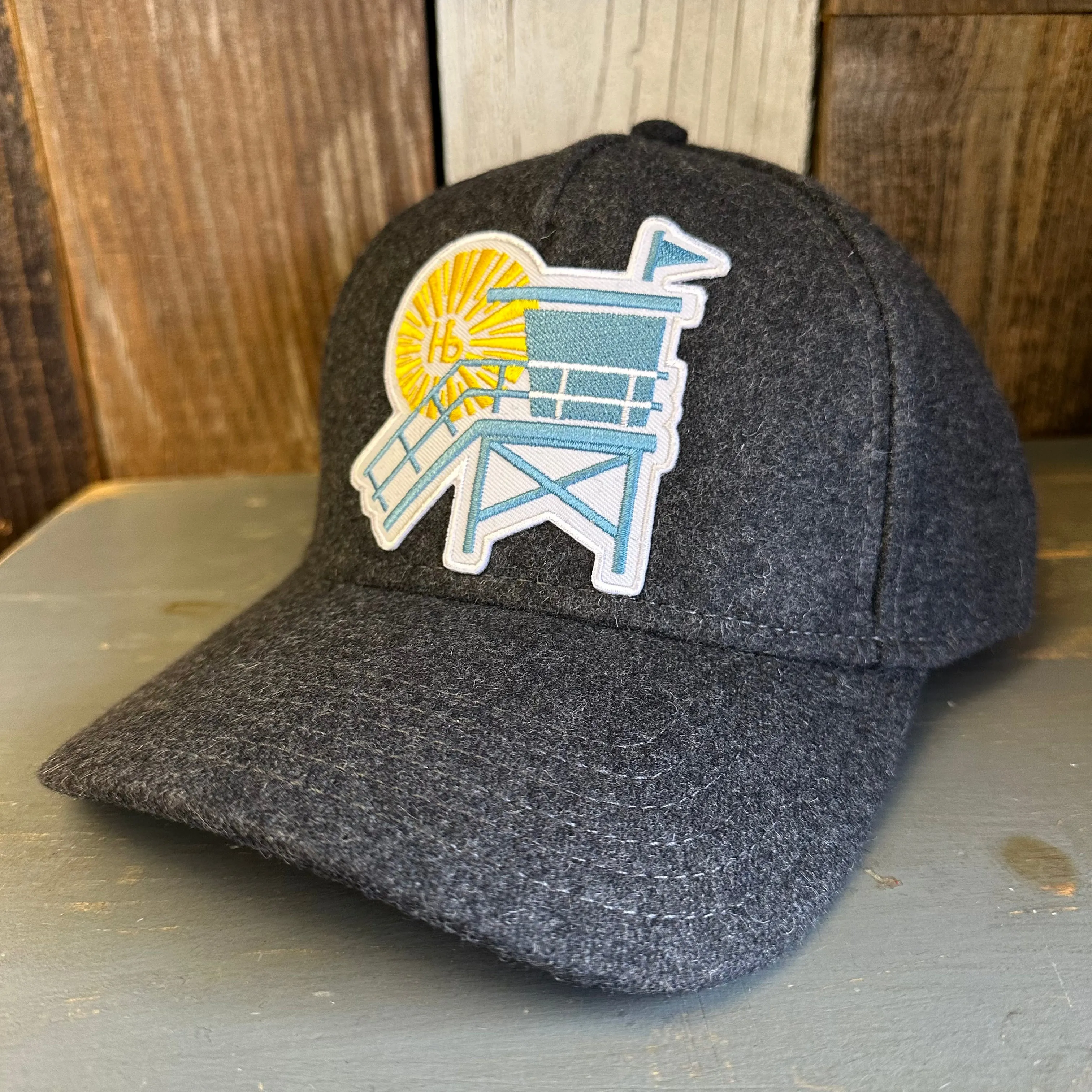 Hermosa Beach LIFEGUARD TOWER 5 Panel Low Profile Melton Wool Blend Baseball Cap with Velcro Closure - Heather Black