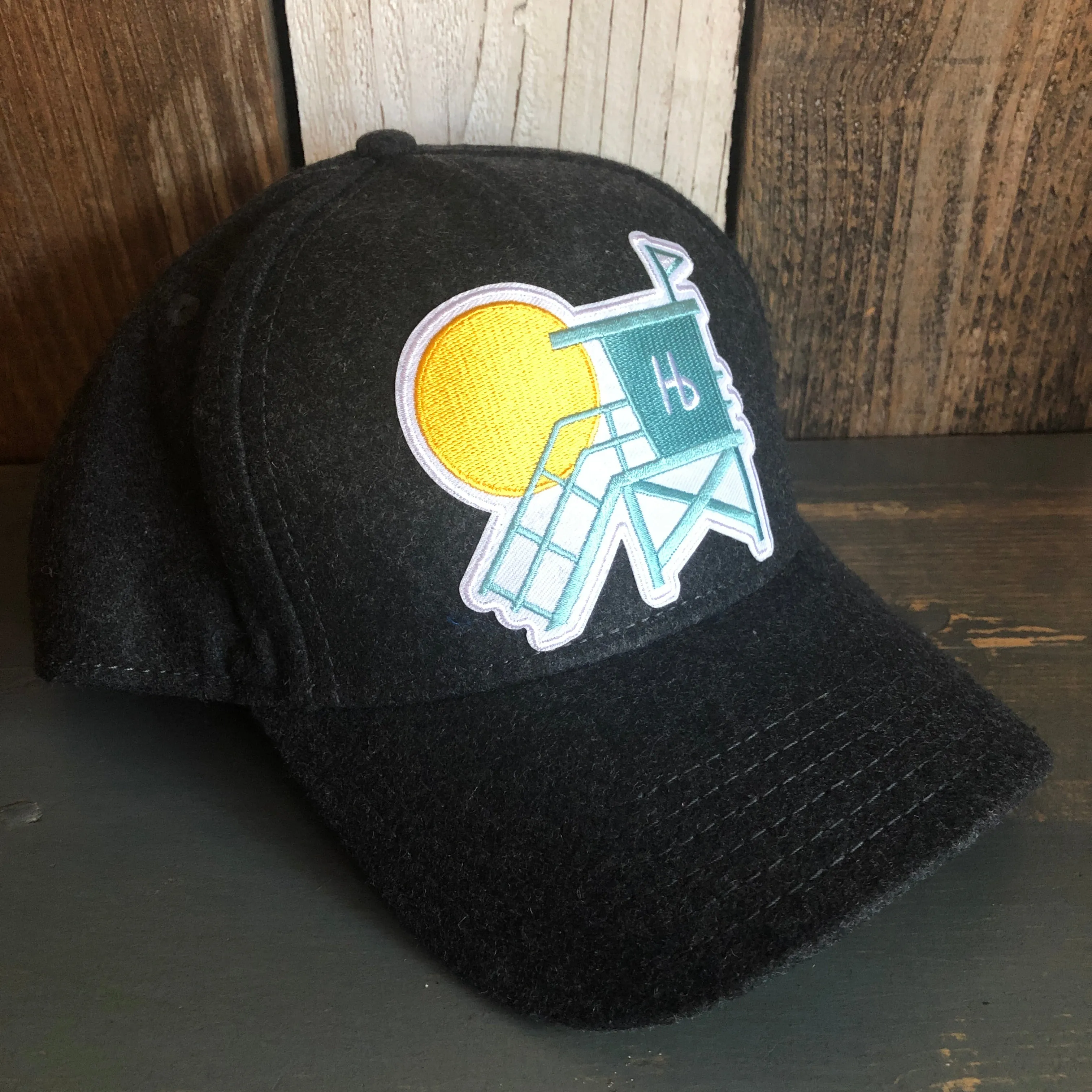 Hermosa Beach LIFEGUARD TOWER 5 Panel Low Profile Melton Wool Blend Baseball Cap with Velcro Closure - Heather Black