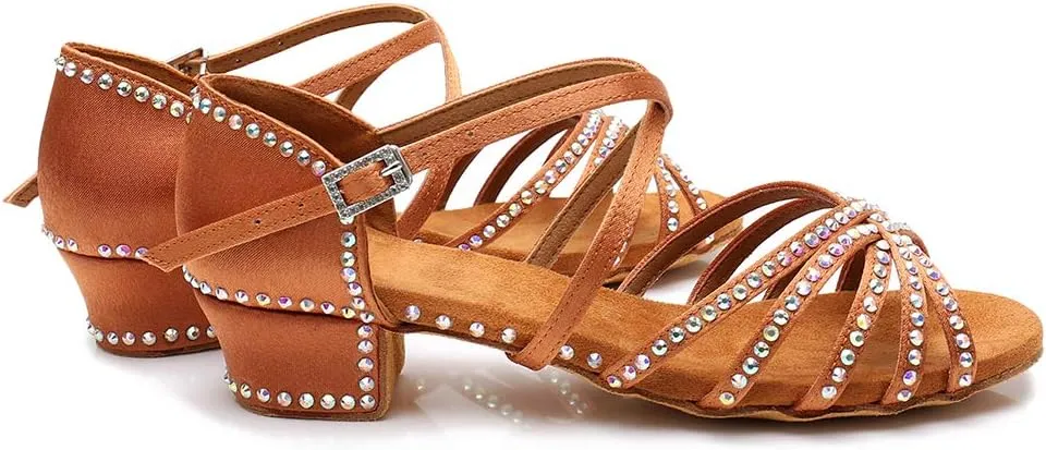 HIPPOSEUS Girls' Standard Latin Dance Shoes Rhinestones Low Heel 3.5CM,Model UC210