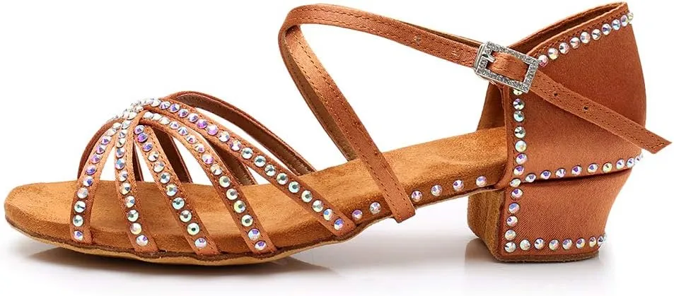 HIPPOSEUS Girls' Standard Latin Dance Shoes Rhinestones Low Heel 3.5CM,Model UC210