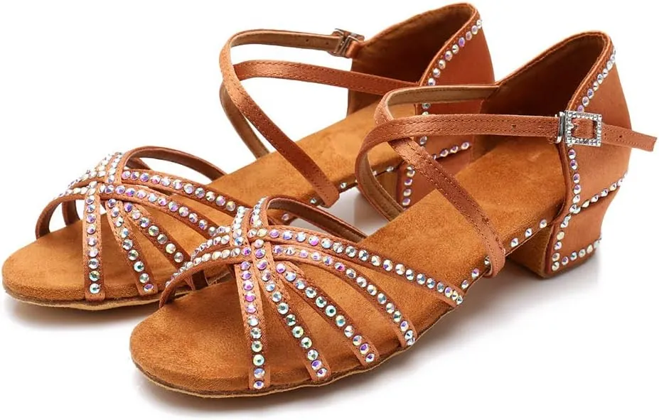 HIPPOSEUS Girls' Standard Latin Dance Shoes Rhinestones Low Heel 3.5CM,Model UC210