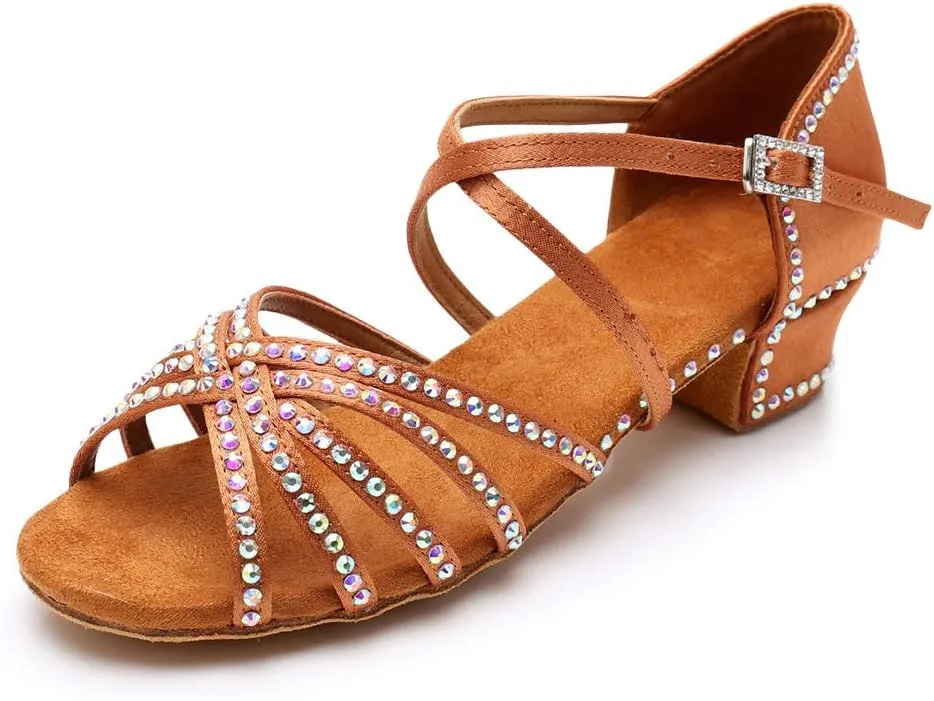 HIPPOSEUS Girls' Standard Latin Dance Shoes Rhinestones Low Heel 3.5CM,Model UC210