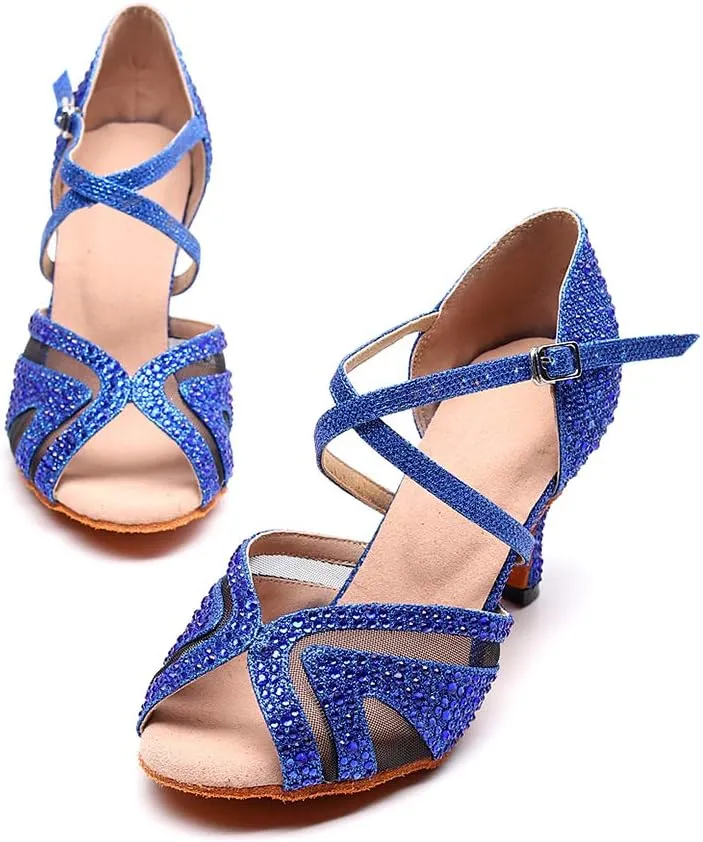 HIPPOSEUS Women Ballroom Dance Shoes Rhinestone Latin Salsa Social Wedding Performance Dance Shoes,Model 1025