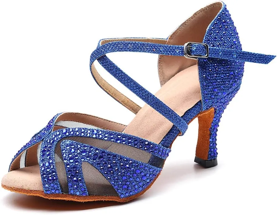 HIPPOSEUS Women Ballroom Dance Shoes Rhinestone Latin Salsa Social Wedding Performance Dance Shoes,Model 1025