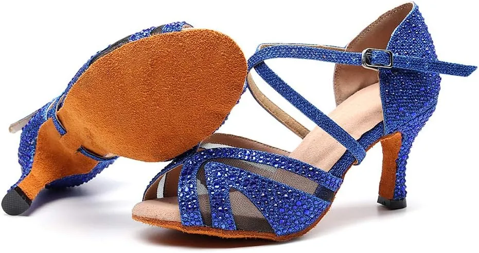 HIPPOSEUS Women Ballroom Dance Shoes Rhinestone Latin Salsa Social Wedding Performance Dance Shoes,Model 1025