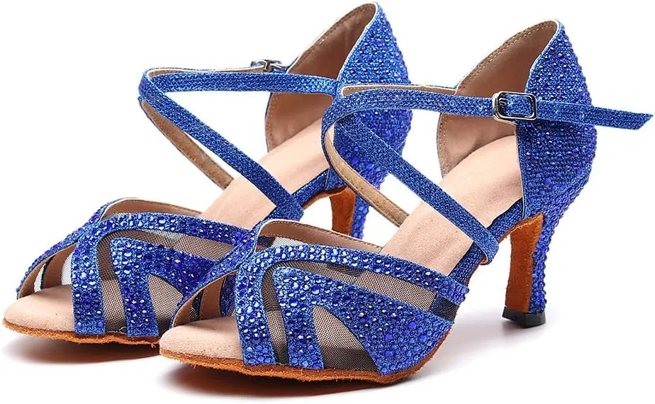 HIPPOSEUS Women Ballroom Dance Shoes Rhinestone Latin Salsa Social Wedding Performance Dance Shoes,Model 1025