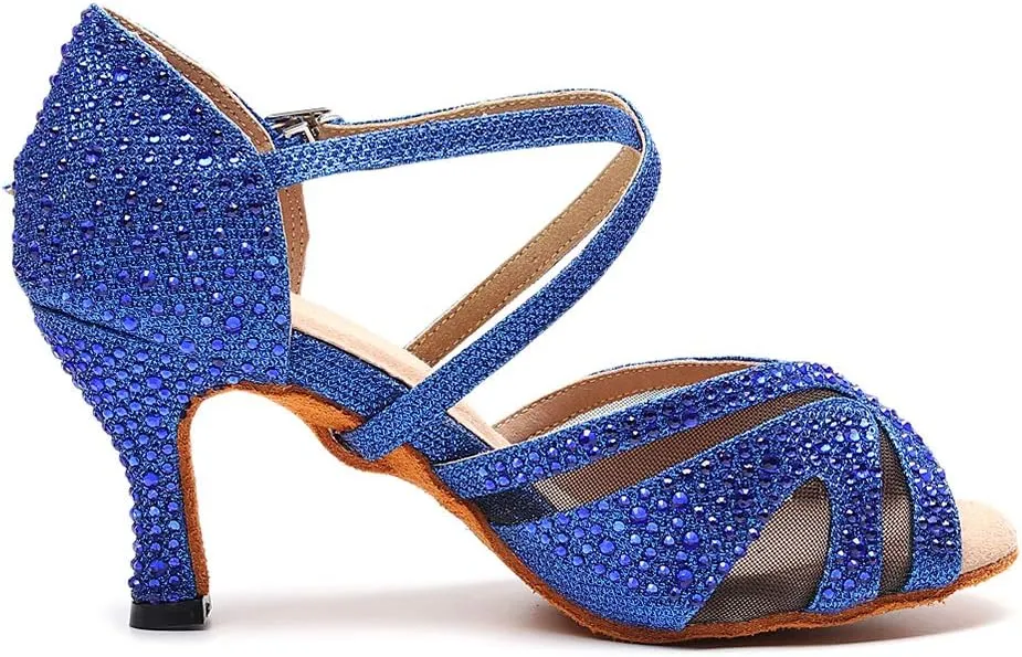HIPPOSEUS Women Ballroom Dance Shoes Rhinestone Latin Salsa Social Wedding Performance Dance Shoes,Model 1025