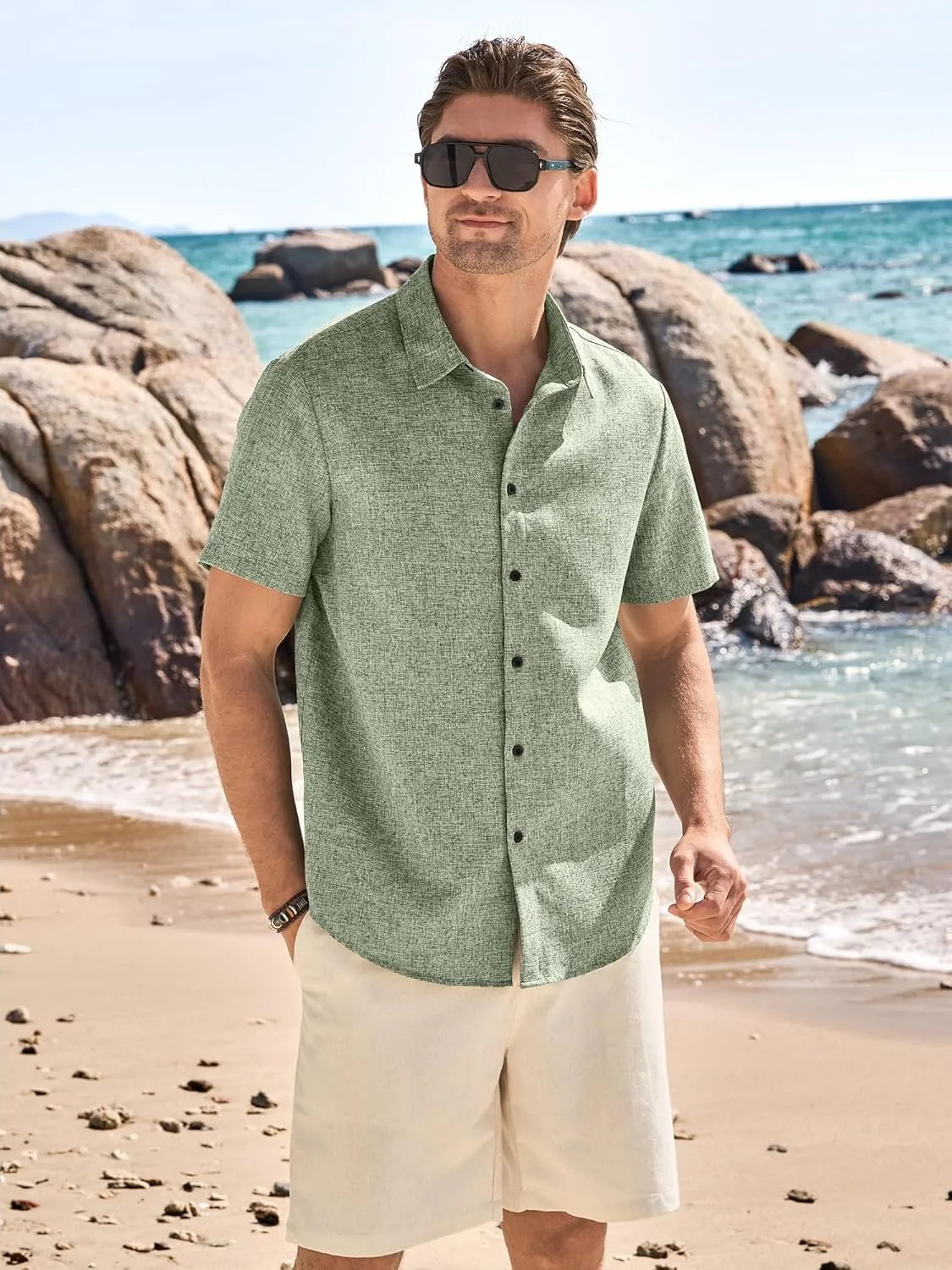 HOTake Men's Casual Linen Shirts Short Sleeve Button Down Summer Beach Vacation Wedding Shirts