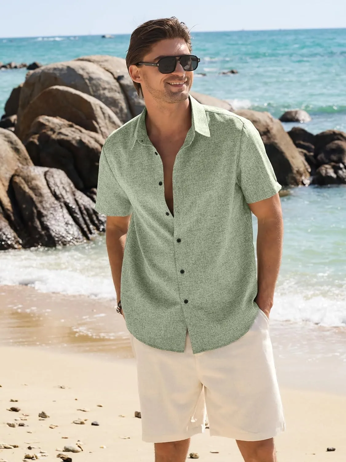 HOTake Men's Casual Linen Shirts Short Sleeve Button Down Summer Beach Vacation Wedding Shirts