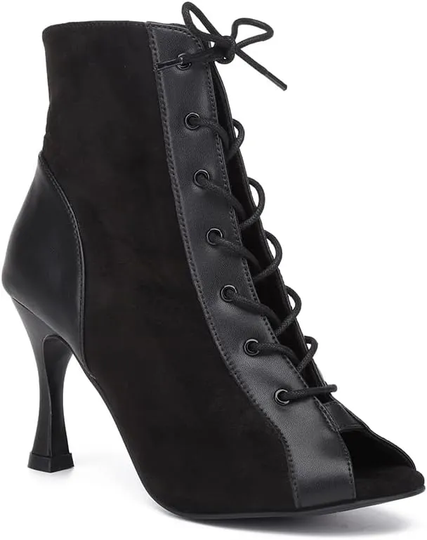 HROYL Women Open Toe Ankle Dance Boots Lace up Latin Salsa Ballrooom Performence Practice Dancing Shoes,Model L500