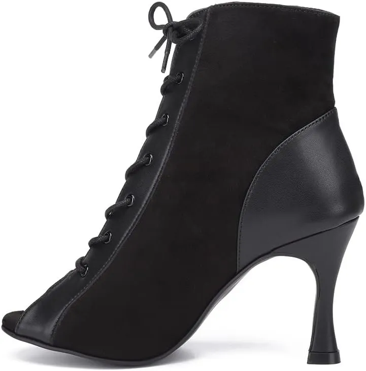 HROYL Women Open Toe Ankle Dance Boots Lace up Latin Salsa Ballrooom Performence Practice Dancing Shoes,Model L500