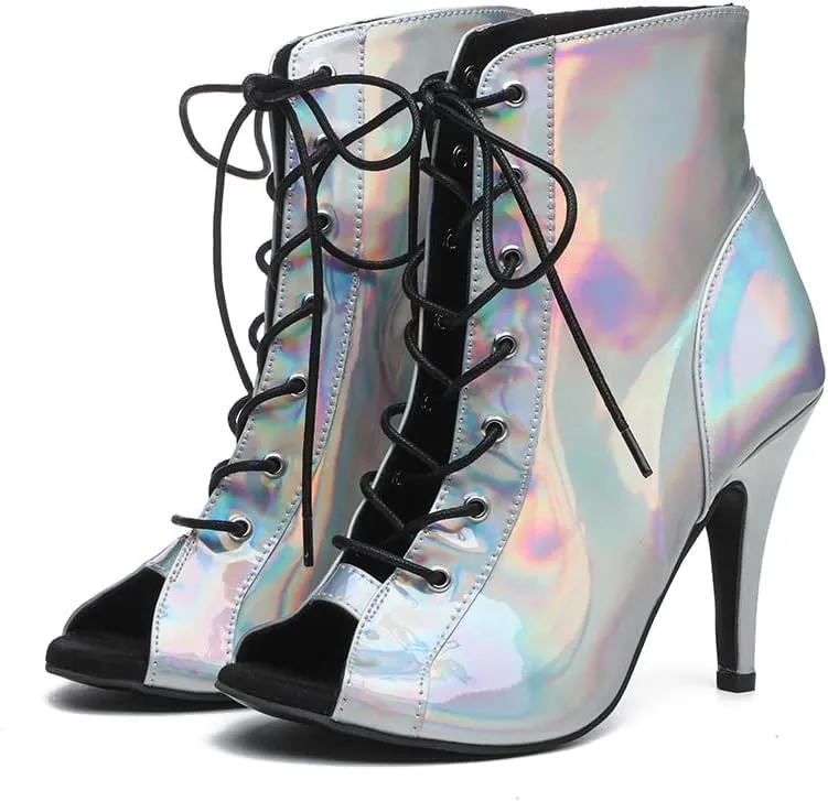 HROYL Women Open Toe Ankle Dance Boots Lace up Latin Salsa Ballrooom Performence Practice Dancing Shoes,Model L500
