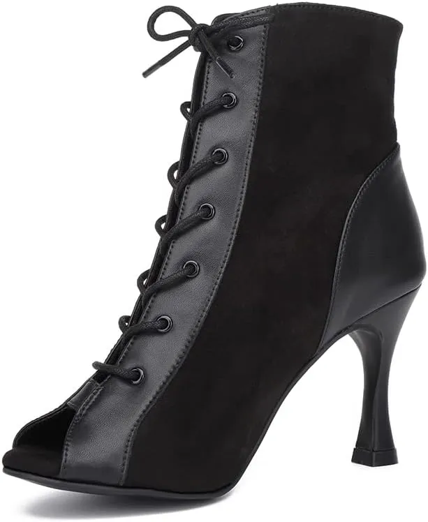 HROYL Women Open Toe Ankle Dance Boots Lace up Latin Salsa Ballrooom Performence Practice Dancing Shoes,Model L500
