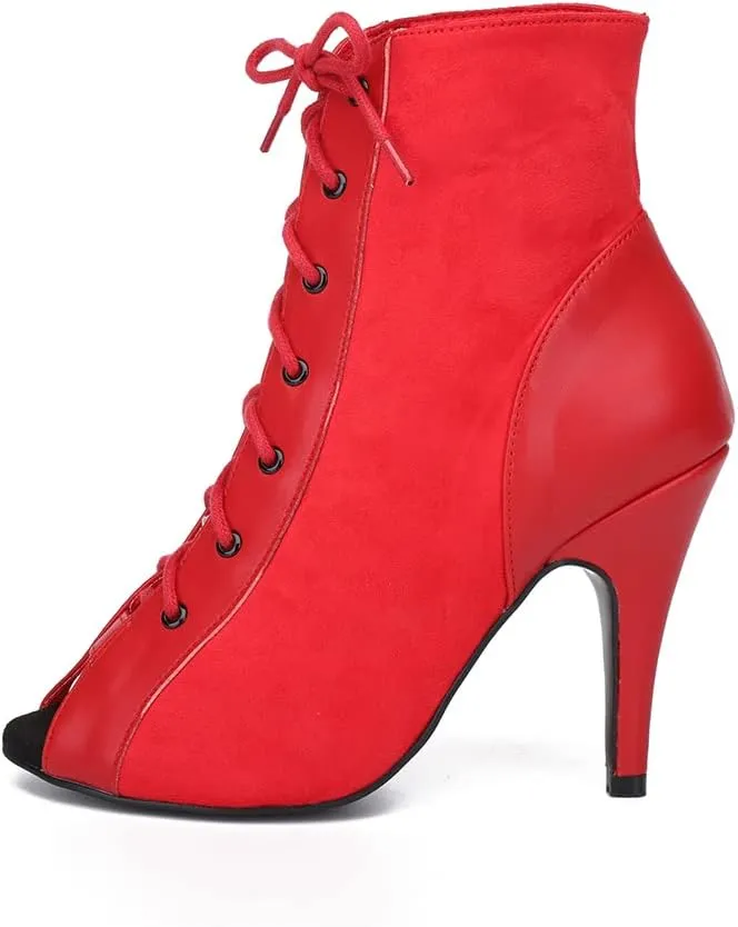 HROYL Women Open Toe Ankle Dance Boots Lace up Latin Salsa Ballrooom Performence Practice Dancing Shoes,Model L500