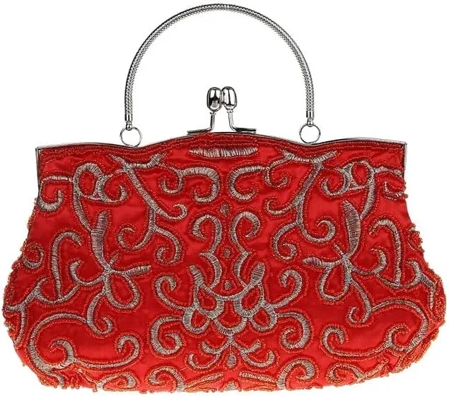 HUFFA Navy Blue Chinese Women Beaded Wedding Evening Bag Clutch Handbag Stylish Bride Party Purse Makeup Bag (Color : Red)