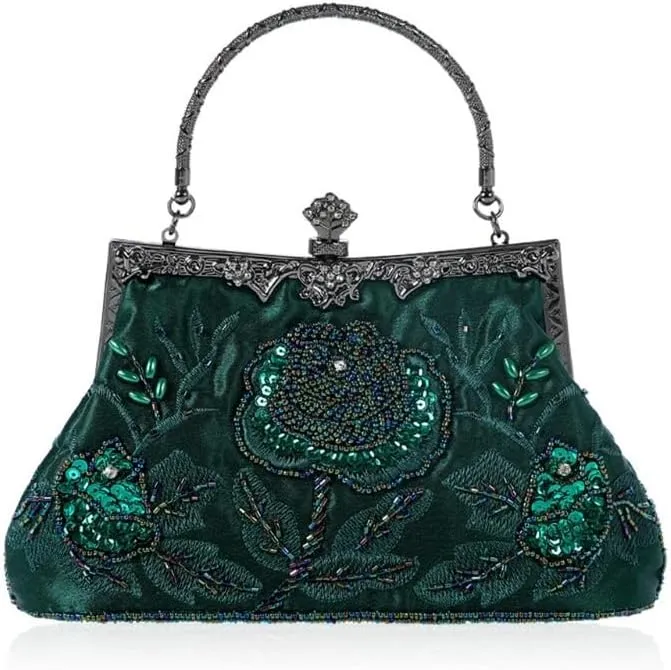 HUFFA Vintage Style Beaded Floral Evening Clutch Bag Wedding Party Prom Purse Handbag