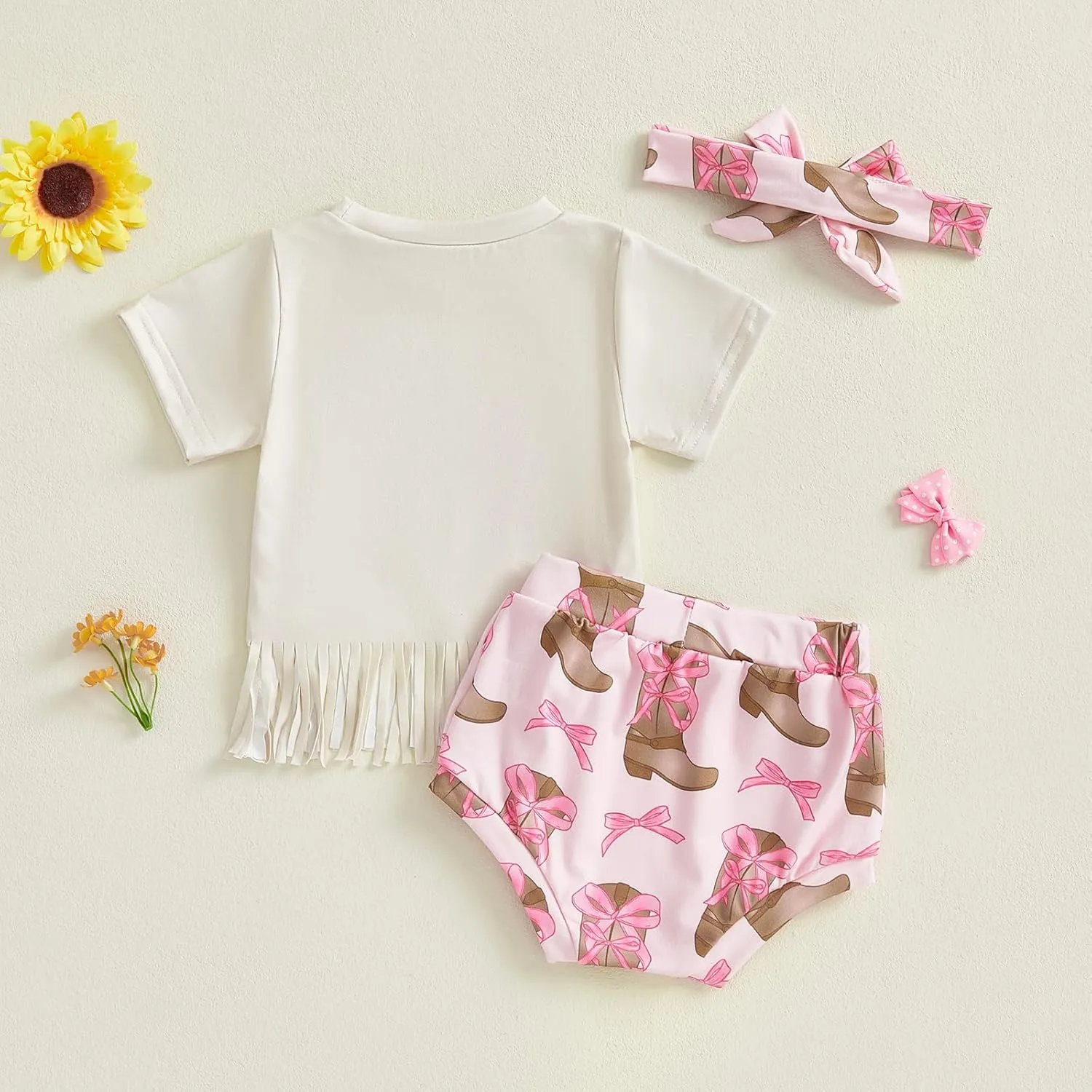 Infant Baby Girl Summer Outfit Western Boot Bow Short Sleeve Tassel T-shirts Top Bubble Shorts Set Cowgirl Clothes