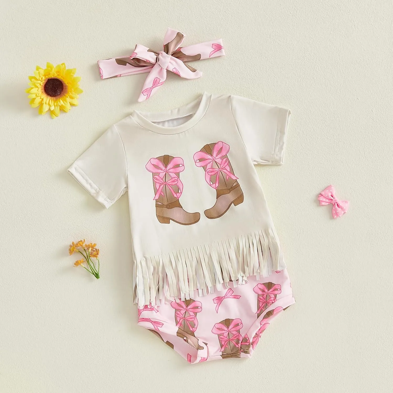 Infant Baby Girl Summer Outfit Western Boot Bow Short Sleeve Tassel T-shirts Top Bubble Shorts Set Cowgirl Clothes