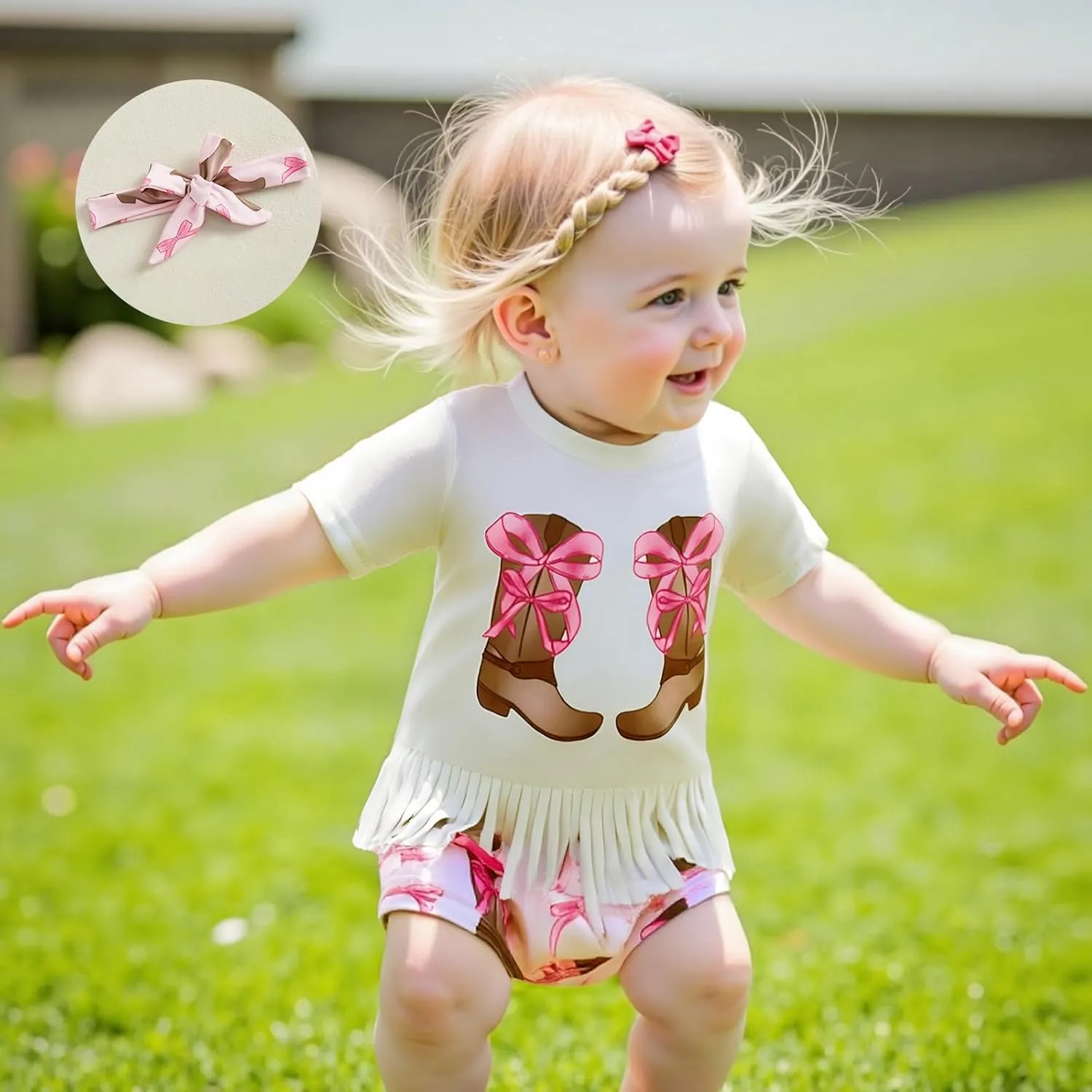 Infant Baby Girl Summer Outfit Western Boot Bow Short Sleeve Tassel T-shirts Top Bubble Shorts Set Cowgirl Clothes