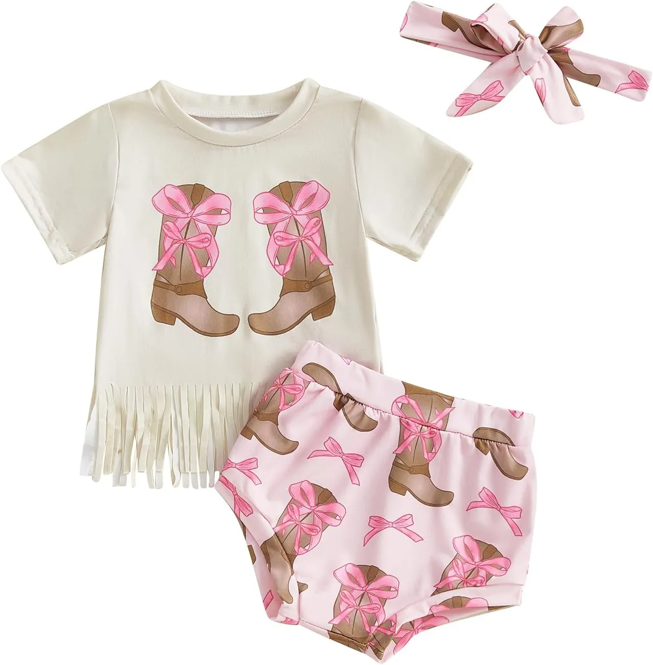 Infant Baby Girl Summer Outfit Western Boot Bow Short Sleeve Tassel T-shirts Top Bubble Shorts Set Cowgirl Clothes