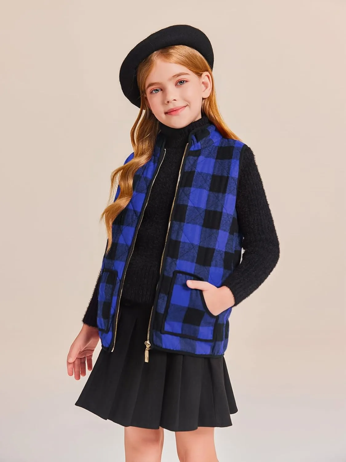 Ivay Girls Buffalo Cotton Plaid Quilted Vest Cute Puff Lined Gilet
